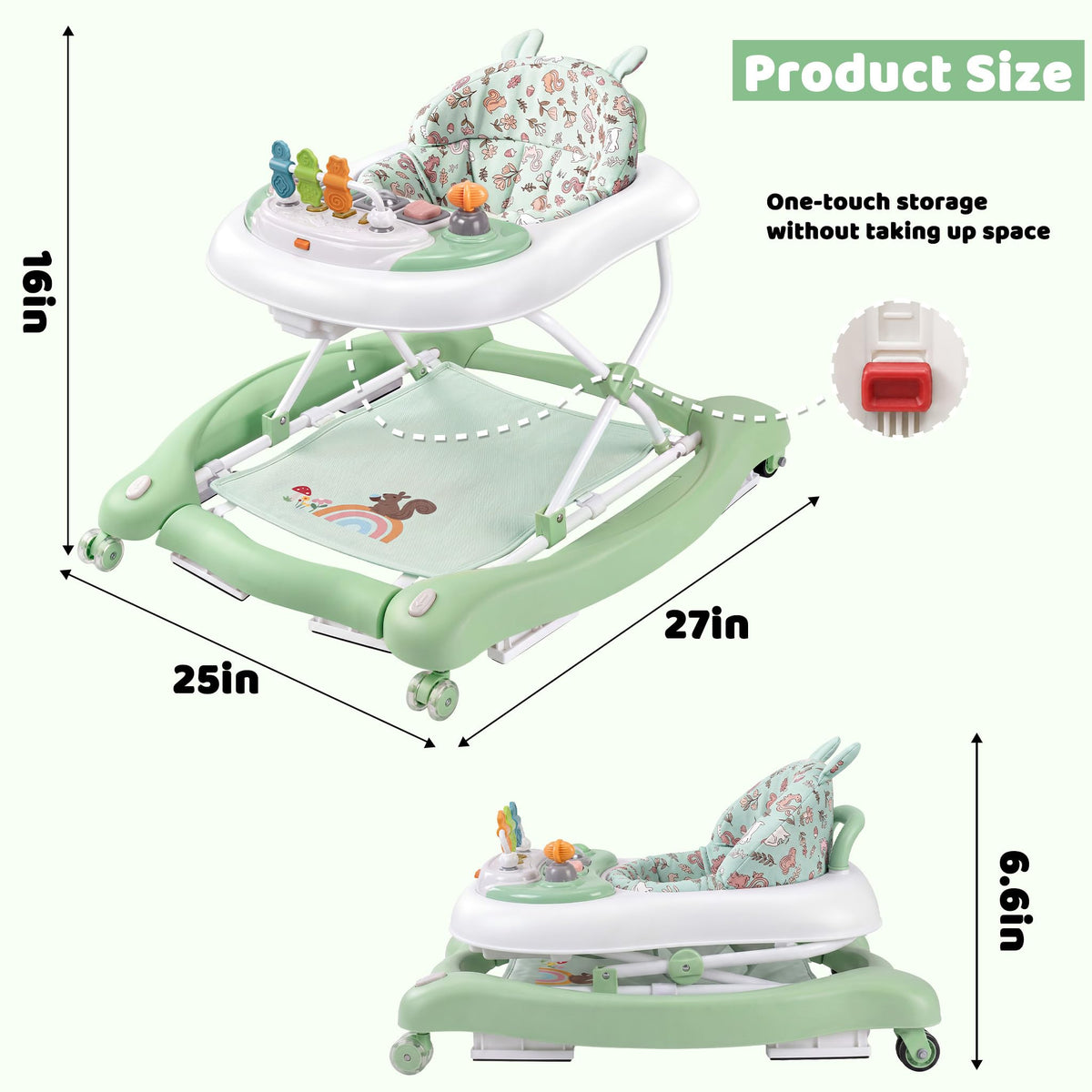 Foldable Baby Walker with Wheels, Music and Lights (Green) Q609759