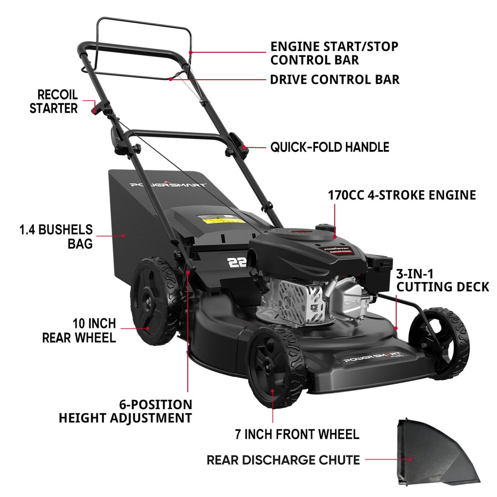 22-Inch Self Propelled Gas Lawn Mower, 170cc 4-Cycle OHV Engine J5256