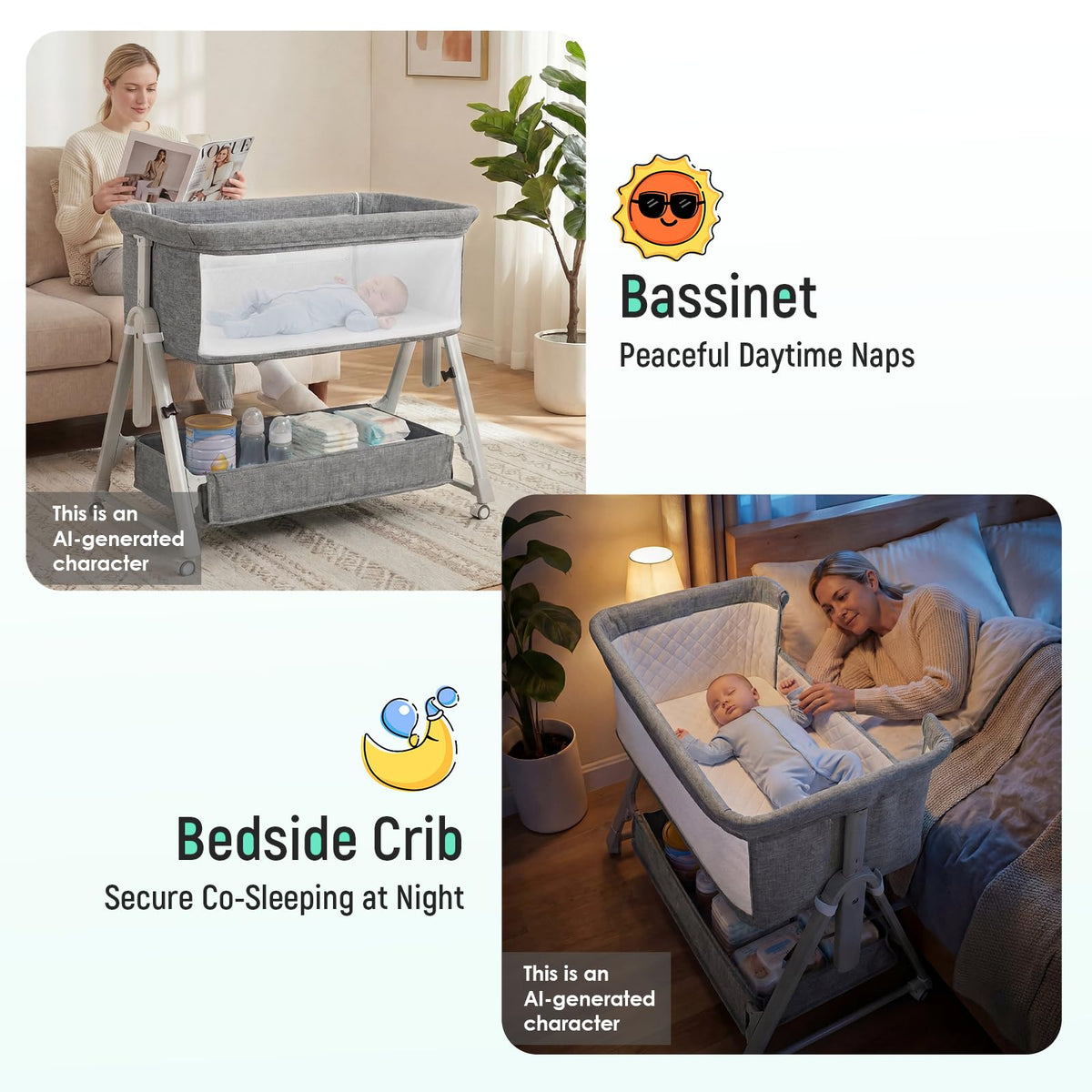 Baby Bassinet Bedside Crib with Mattress Wheel Storage Travel Bag Light Grey A47134