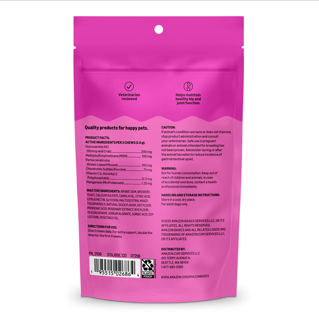 Dog Hip & Joint Supplement Chews with Glucosamine, MSM, Vitamin C, Duck Flavored, 120 Count C472