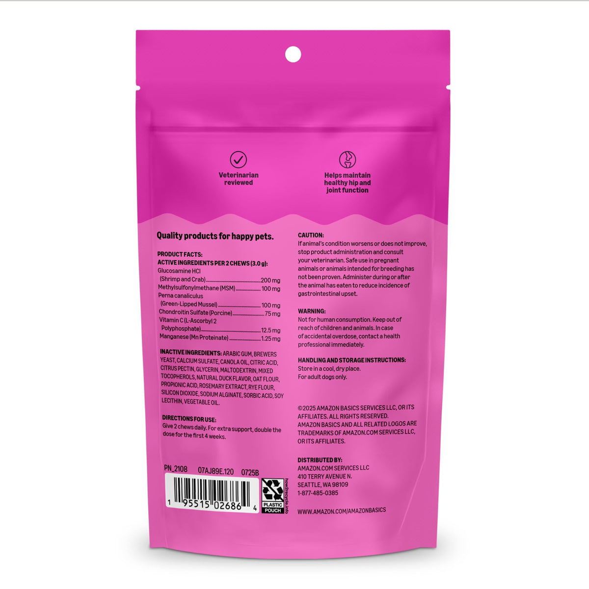 Dog Hip & Joint Supplement Chews with Glucosamine, MSM, Vitamin C, Duck Flavored, 120 Count C472