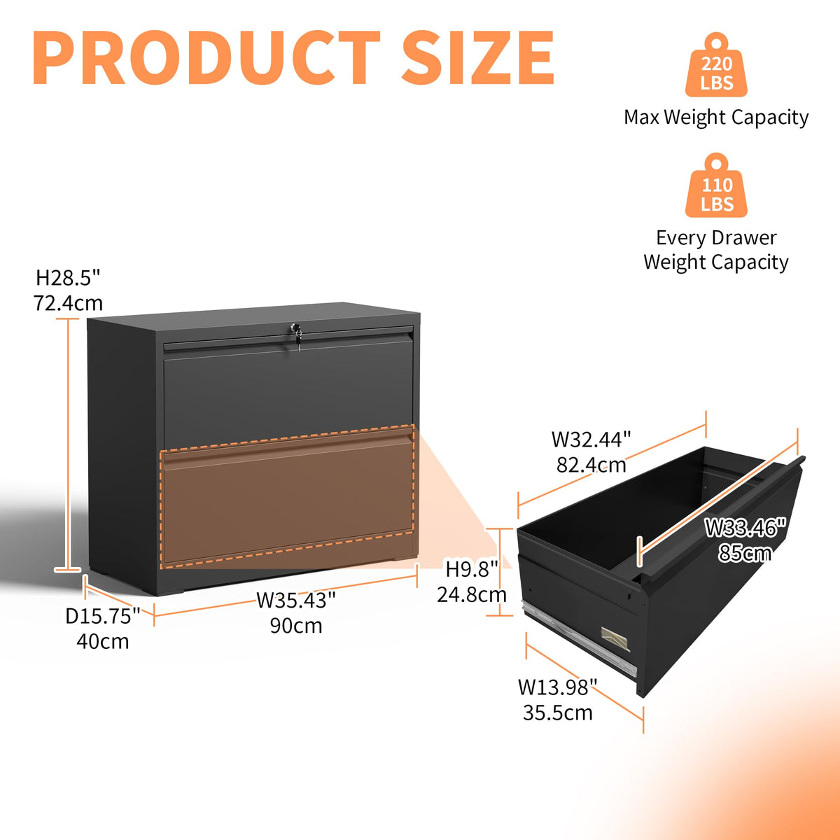 2 Drawer Black Metal File Cabinet with Lock D123