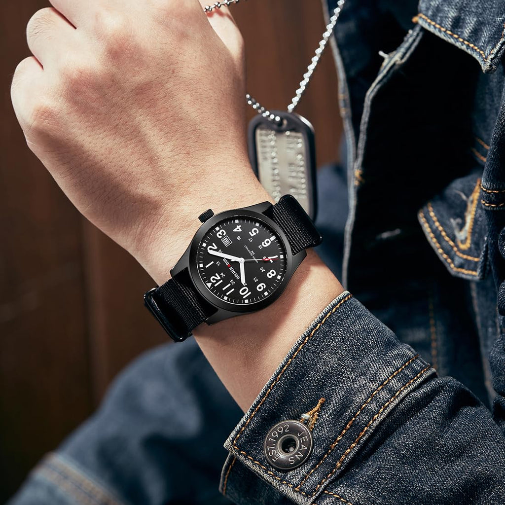 Nylon Slip-Thru Strap Watch with Military Time Easy Read Dial Glowing Hands L83385