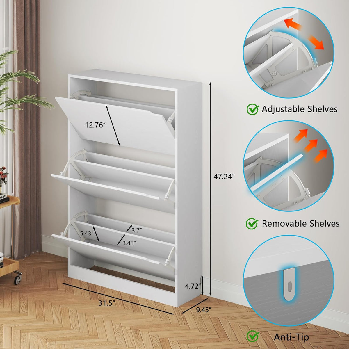 White 3 Flip Drawer Wood Shoe Cabinet H14627
