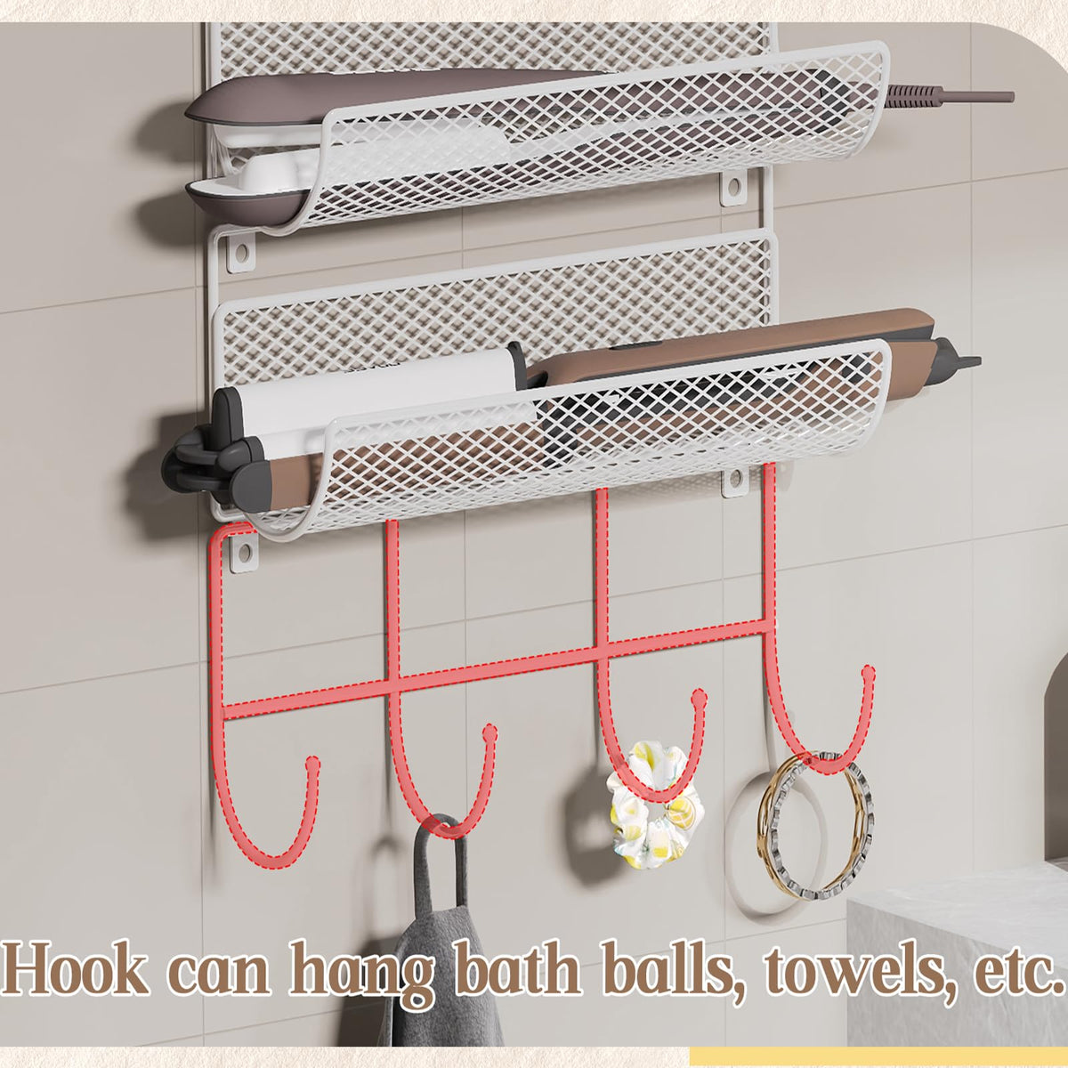 Wall-Mounted Hair Dryer Holder 4-Shelf White W959