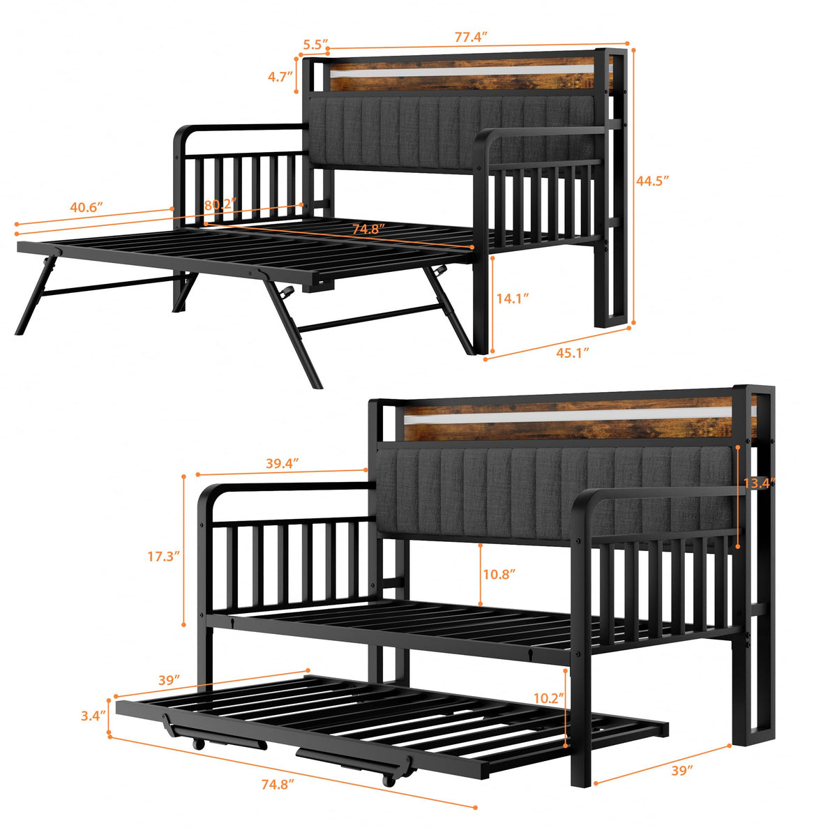 Brown Metal Daybed with Trundle and Storage Headboard L39481