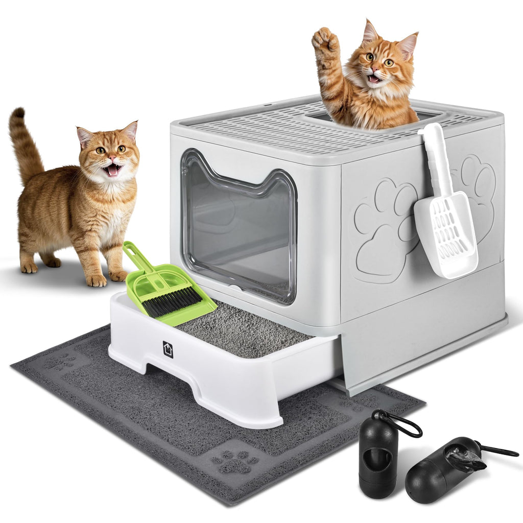 Covered Cat Litter Box, Extra Large Drawer Design with Dual Entry,Pale Grey J13646