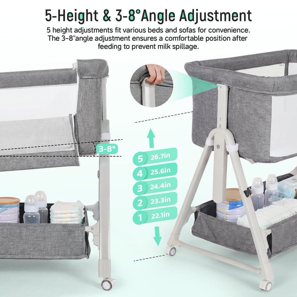Baby Bassinet Bedside Crib with Mattress Wheel Storage Travel Bag Light Grey A47134