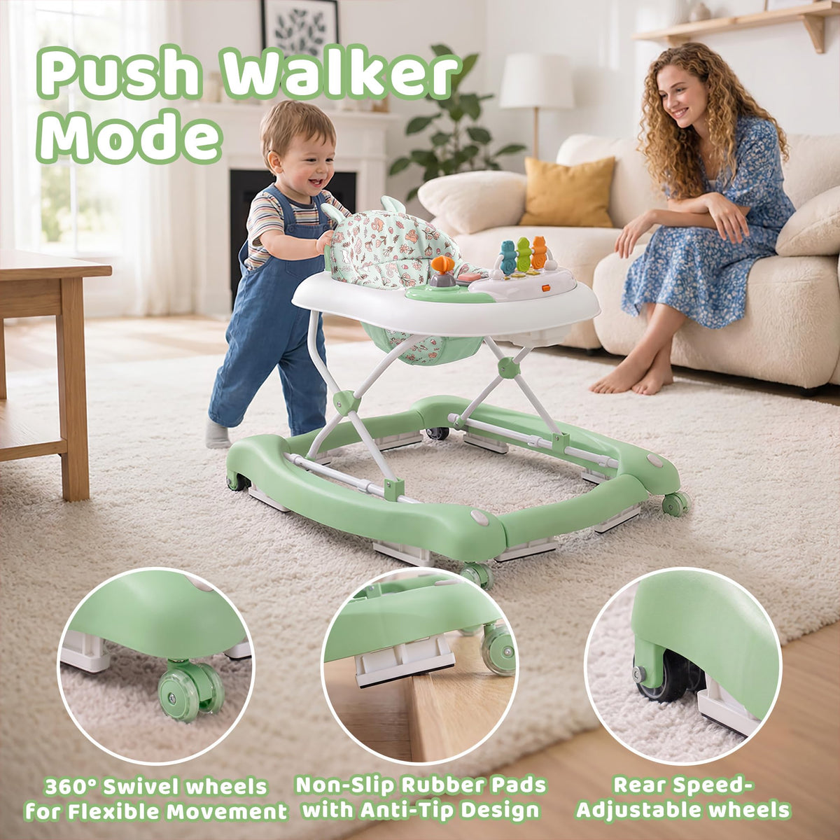 Foldable Baby Walker with Wheels, Music and Lights (Green) Q609759