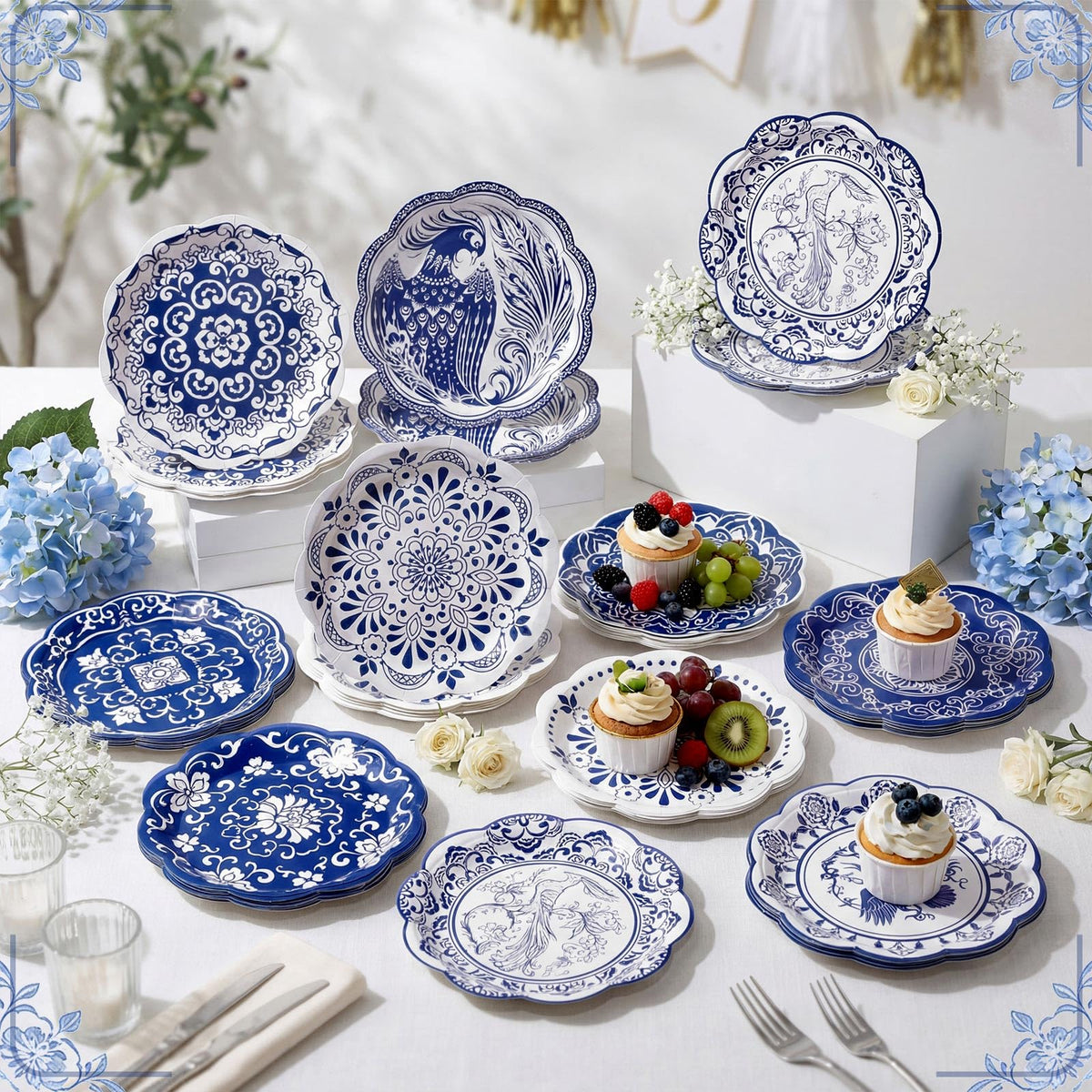 120 Pieces 7 Inch Blue Floral Paper Plates A9489