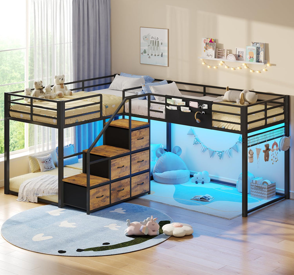 Twin Size L-Shaped Triple Bunk Beds with Staircase & 6 Storage Drawers I26957