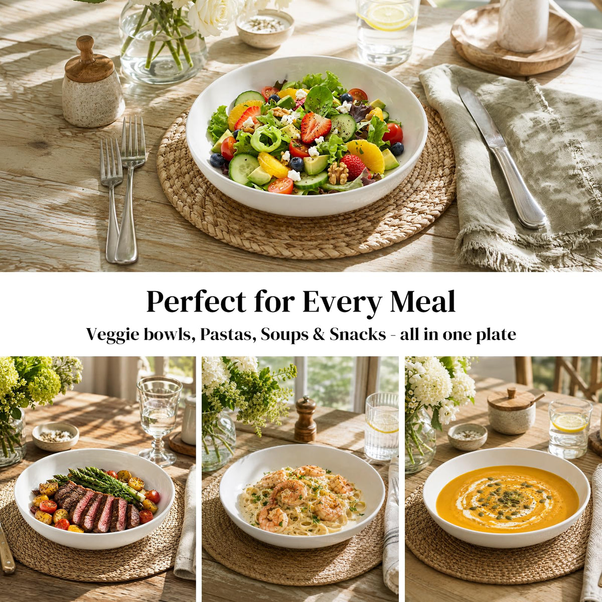 9.75" 50 Ounces Ceramic Pasta Bowls Set of 4 White J140
