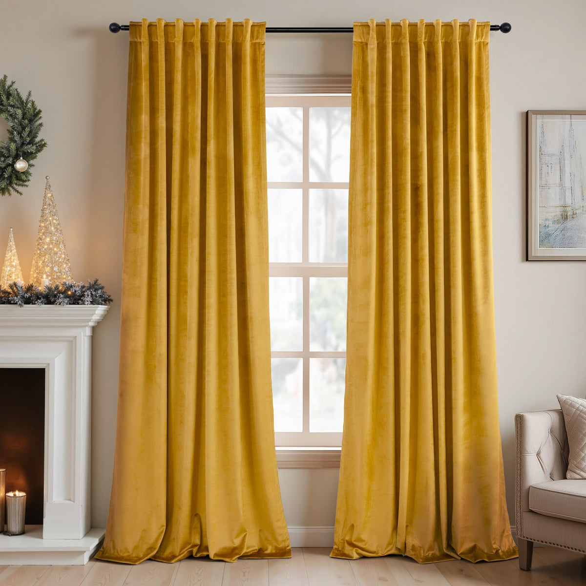 Mustard Yellow Gold Velvet Curtain 84 Inch 2 Panel W707546