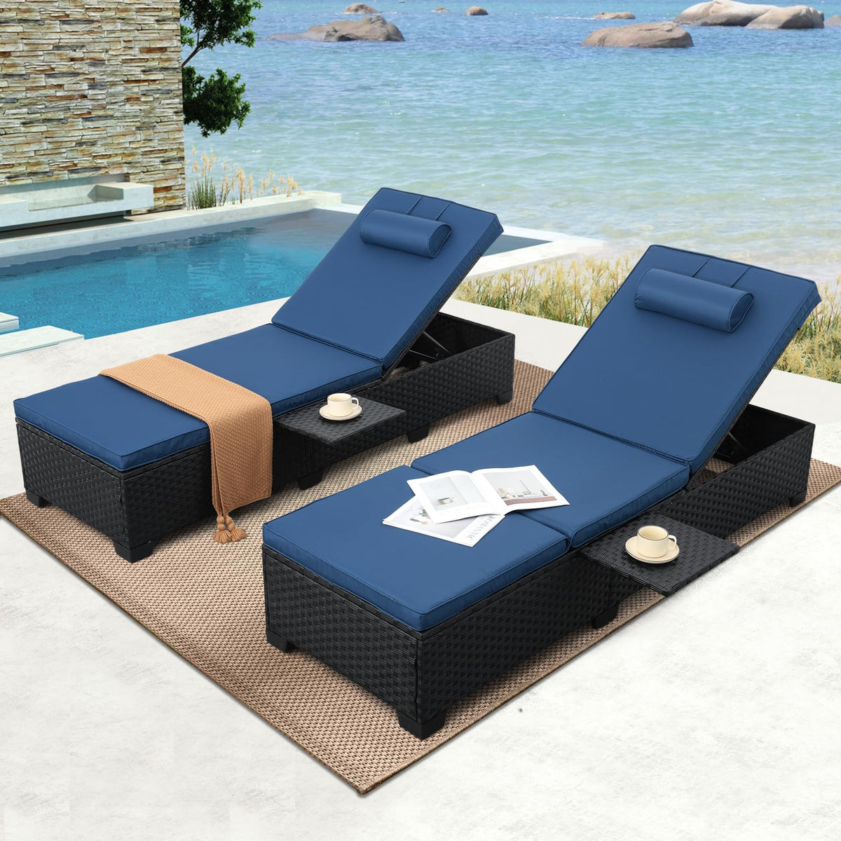Black Wicker Chaise Lounge Chairs Set of 2 with Navy Blue Cushion W805536