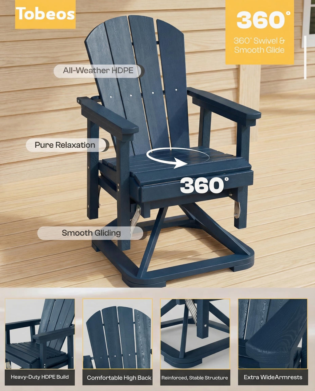 HDPE Oversized Swivel Glider Rocking Chair Set of 2 Navy Blue A140431