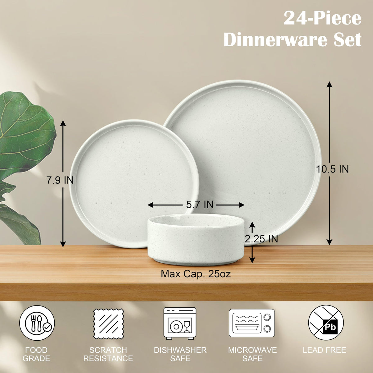 24-Piece Stoneware Dinnerware Set, Speckled White T95006