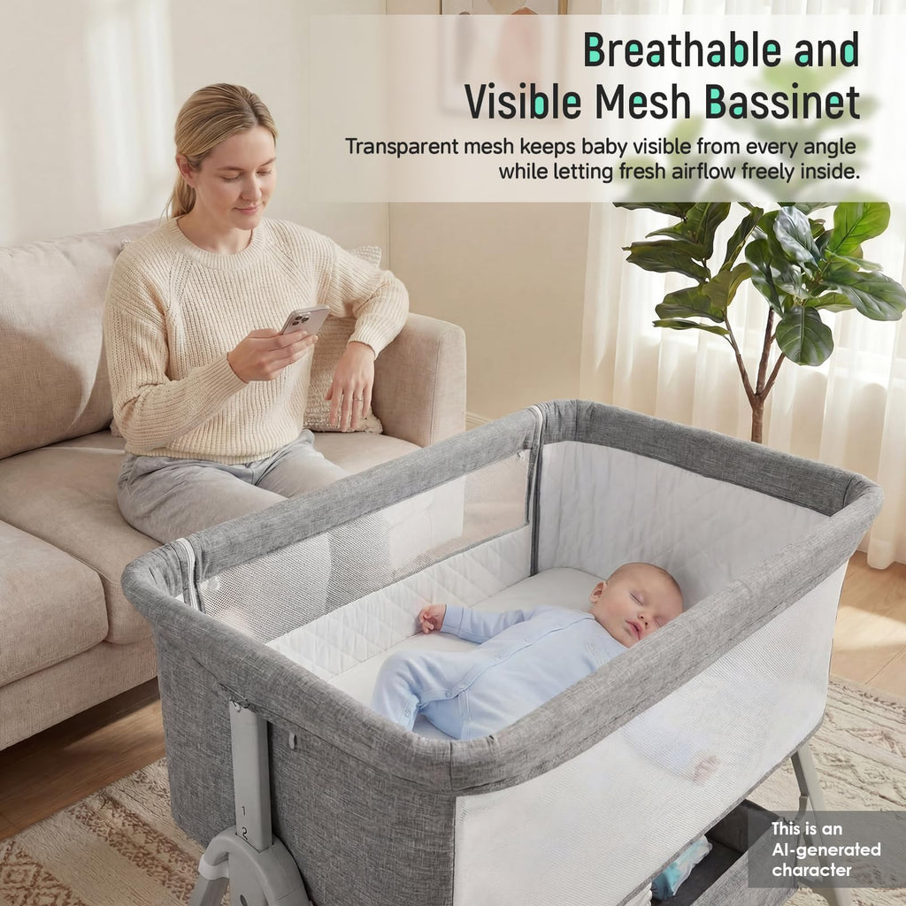 Baby Bassinet Bedside Crib with Mattress Wheel Storage Travel Bag Light Grey A47134