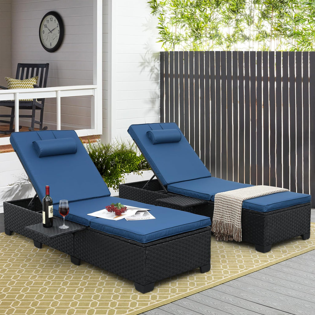 Black Wicker Chaise Lounge Chairs Set of 2 with Navy Blue Cushion W805536