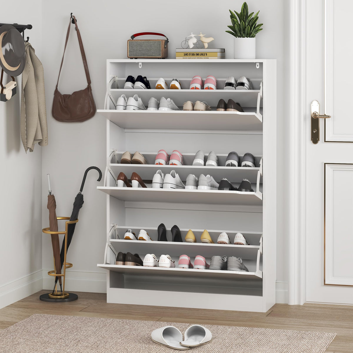White 3 Flip Drawer Wood Shoe Cabinet H14627