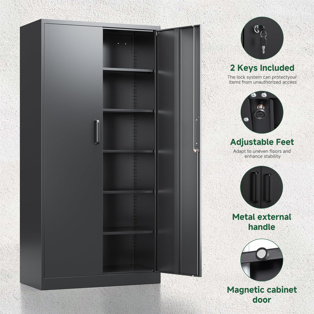 Metal Garage Storage Cabinets with Lock, 72 Tall Steel Lockers, 5 Adjustable Shelves, Black I353894