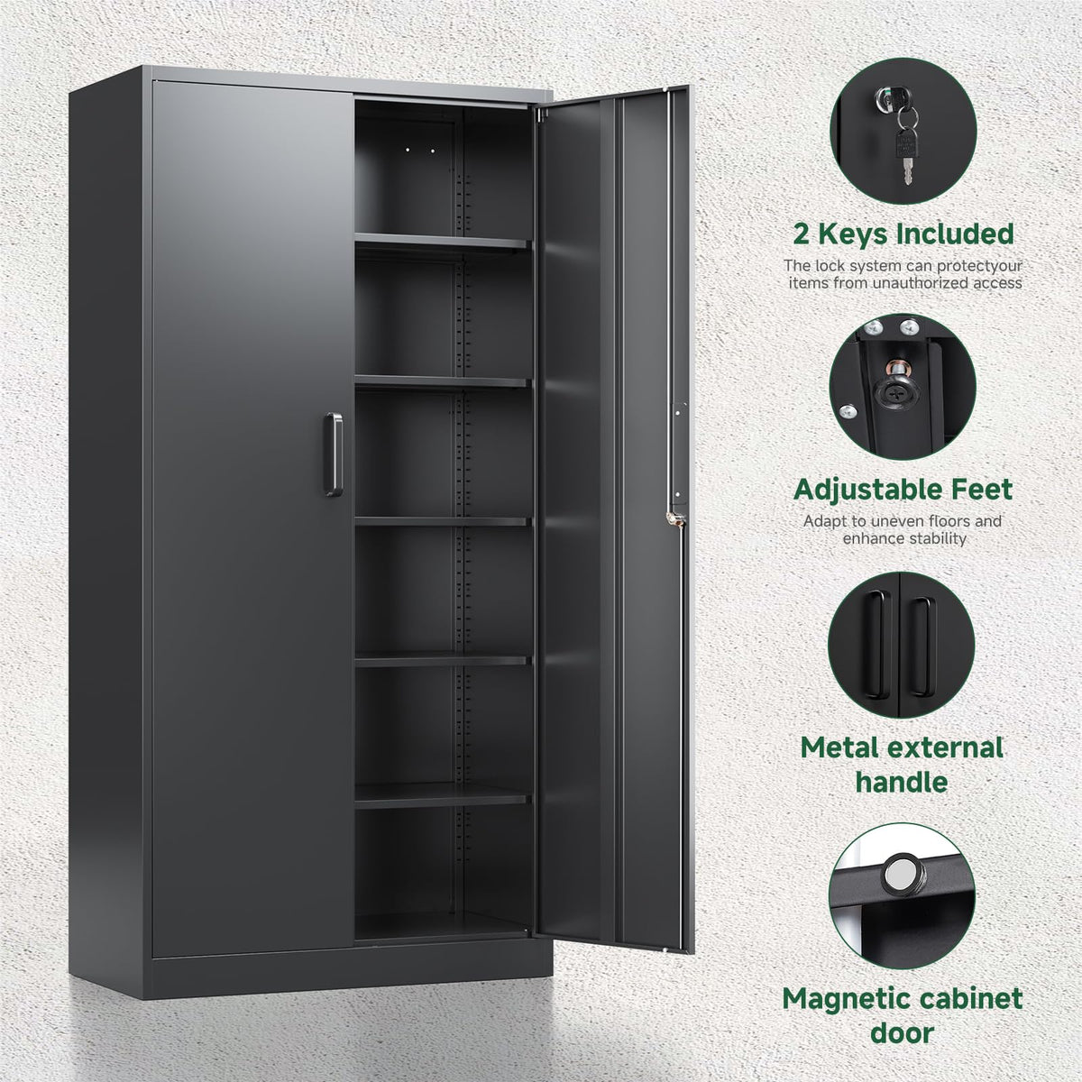 Metal Garage Storage Cabinets with Lock, 72 Tall Steel Lockers, 5 Adjustable Shelves, Black I353894