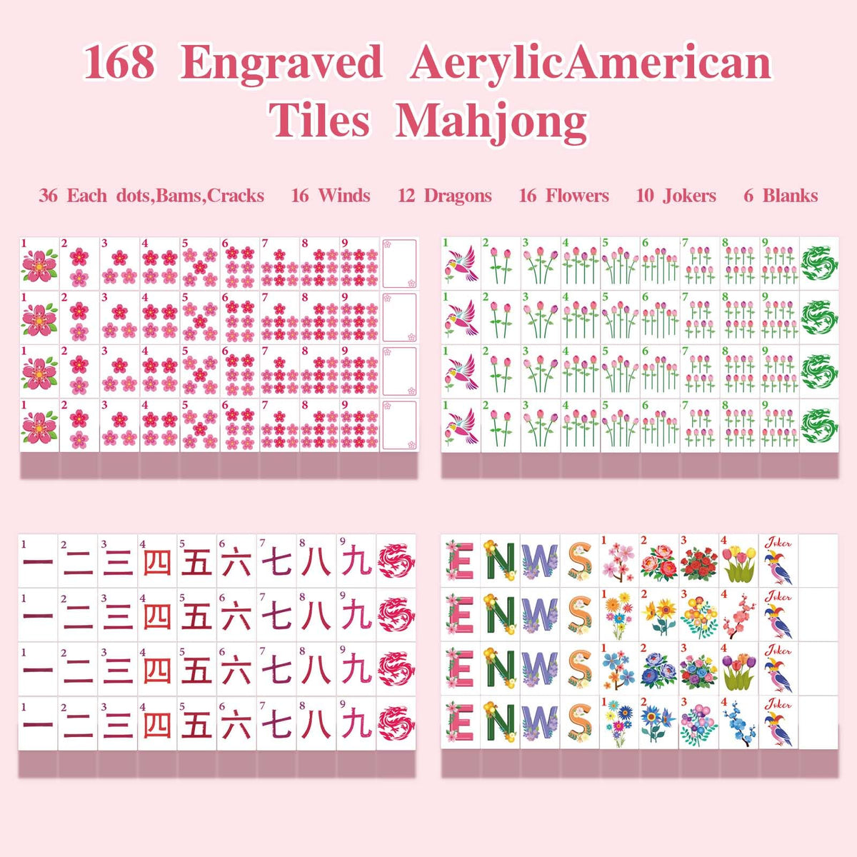 1.2” American Mahjong Set 168 Pink Floral Melamine Tiles T81840