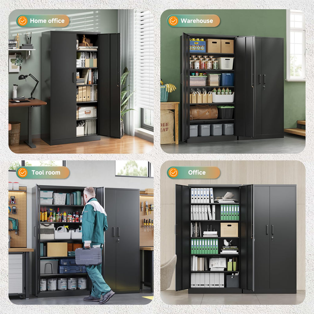 Metal Garage Storage Cabinets with Lock, 72 Tall Steel Lockers, 5 Adjustable Shelves, Black I353894