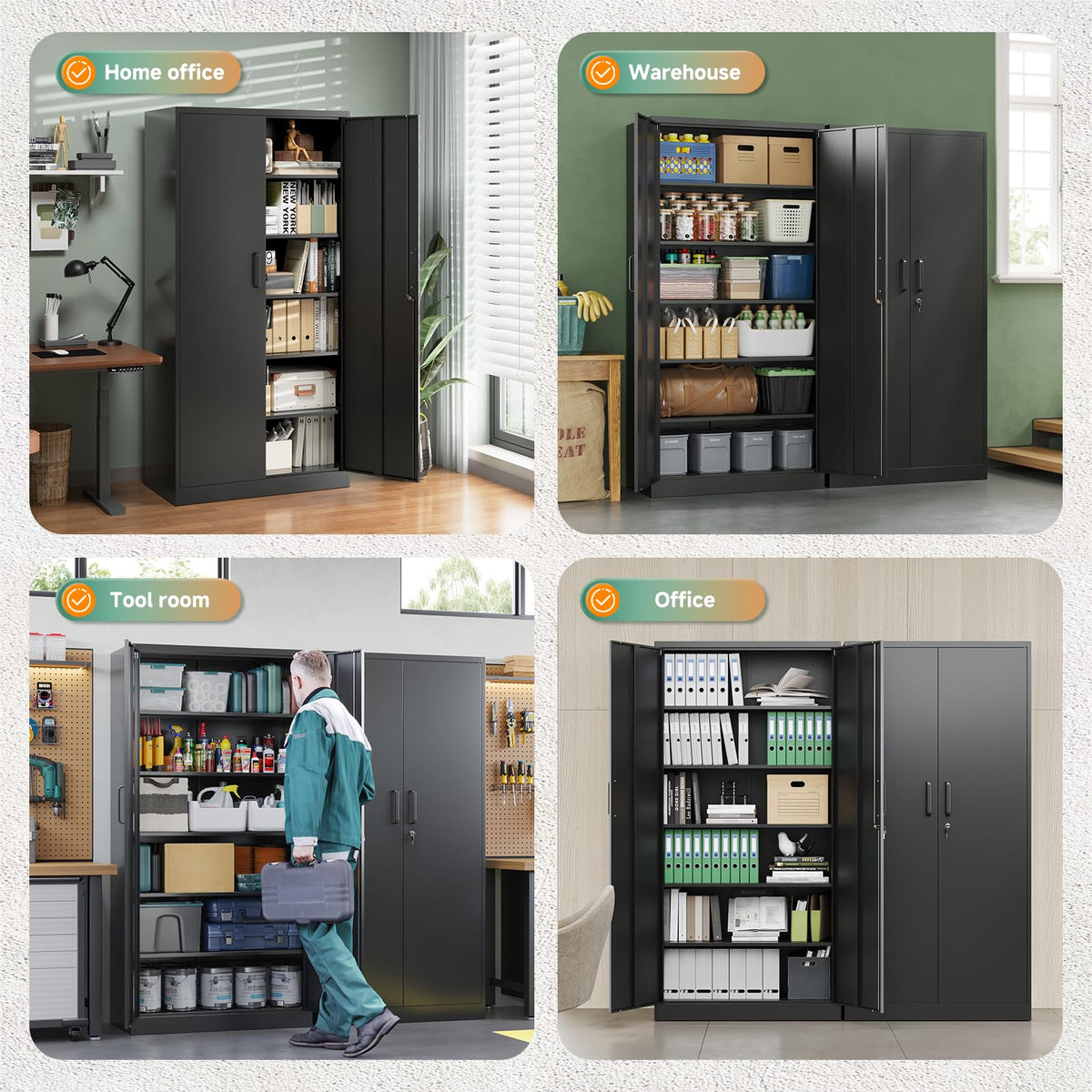 Metal Garage Storage Cabinets with Lock, 72 Tall Steel Lockers, 5 Adjustable Shelves, Black I353894
