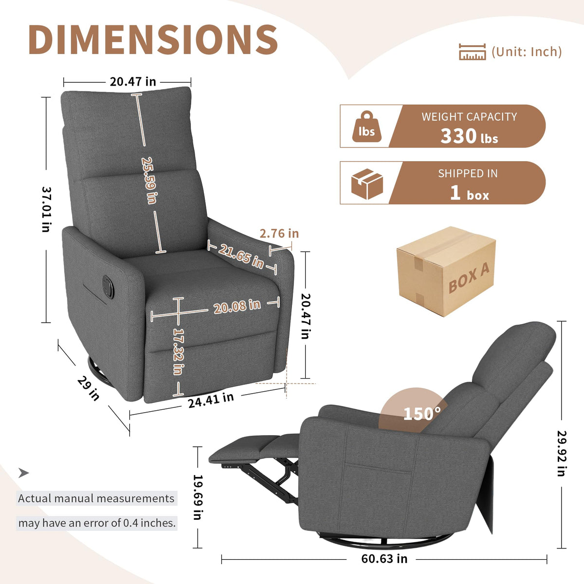Dark Gray Swivel Rocker Recliner Chair I53672