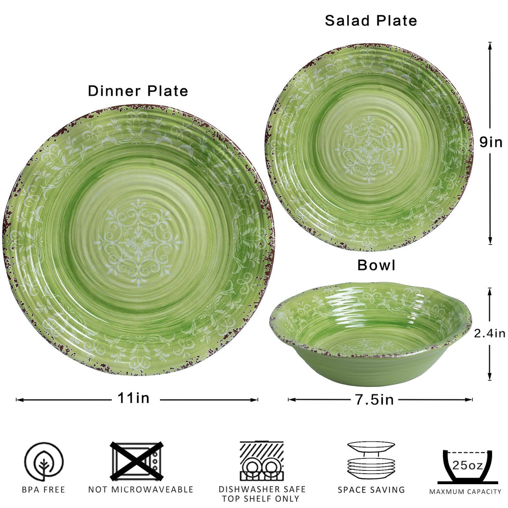 12 Piece Green Melamine Dinnerware Set S140603