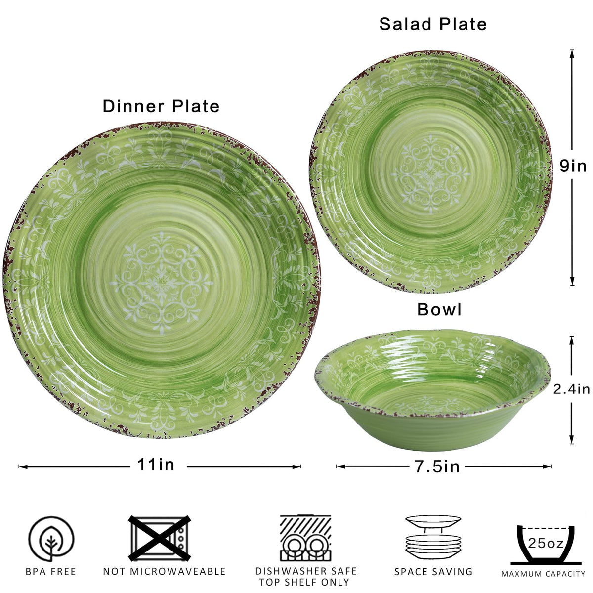 12 Piece Green Melamine Dinnerware Set S140603