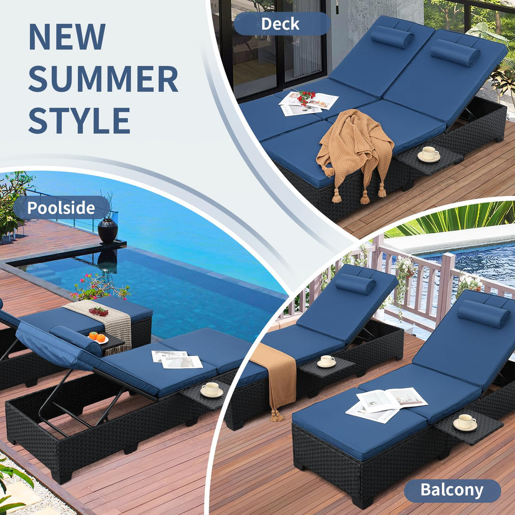 Black Wicker Chaise Lounge Chairs Set of 2 with Navy Blue Cushion W805536