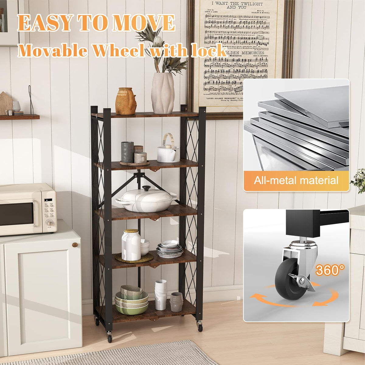 5-Tier Folding Storage Shelf with Woodgrain Finish V6246