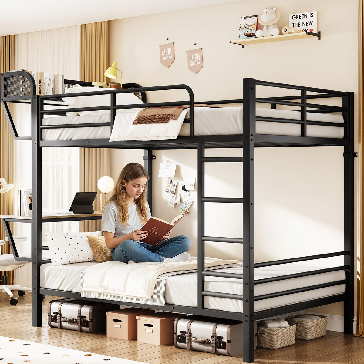 Twin Over Twin Metal Bunk Bed with Desk & Outlet L706