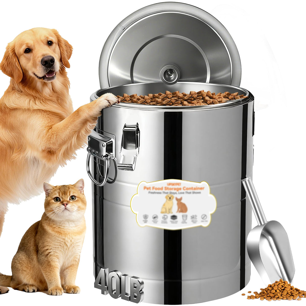 40lb Airtight Stainless Steel Dog Food Storage Container V135
