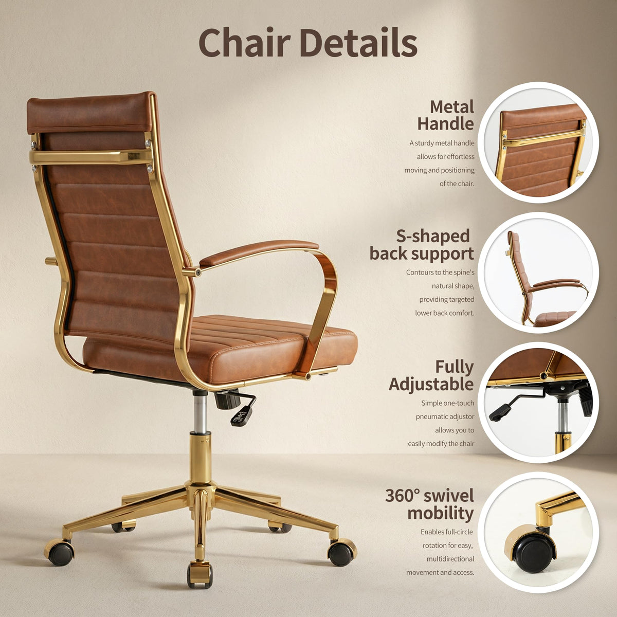 Gold Ergonomic Leather Office Chair W477560