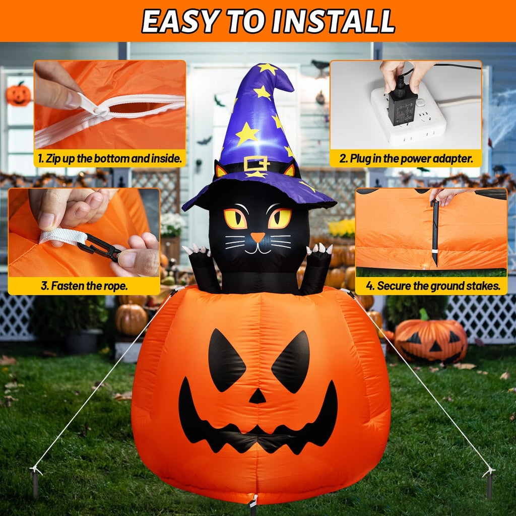 Halloween Inflatable Animated Witch Cat in Pumpkin A27916