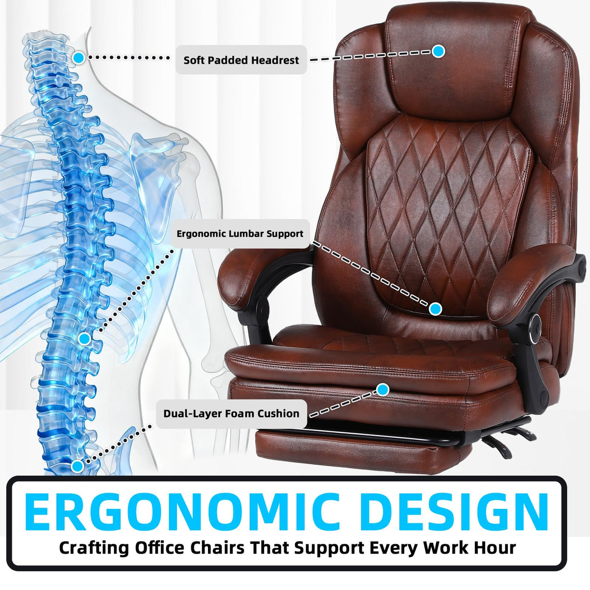 Big and Tall Ergonomic High Back PU Leather Reclining Office Chair with Footrest C513