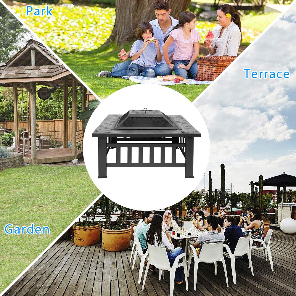 32in Square Metal Wood Burning Fire Pit with Spark Screen J154