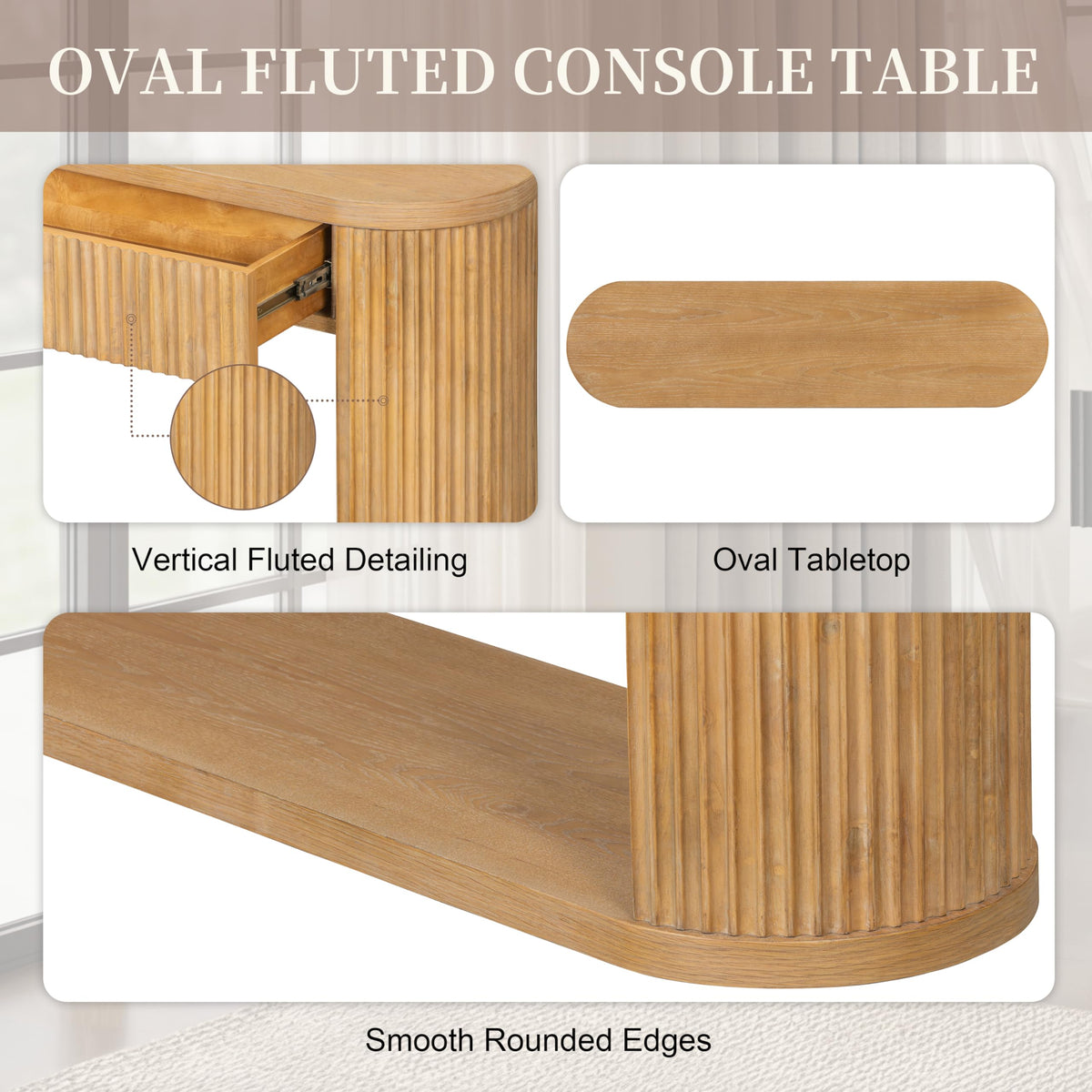 Fluted Console Table 2 Drawers Wood Natural G415