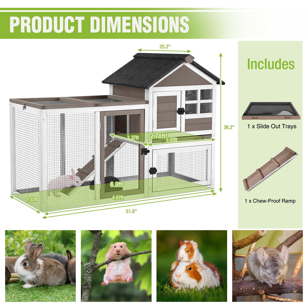 51.6" Large Rabbit Hutch with Run and Tray G7066