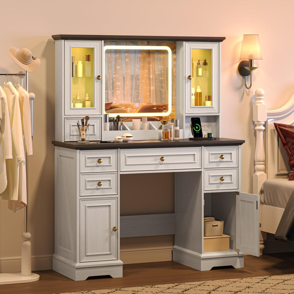 White Makeup Vanity Desk with Mirror and LED Lights D3630
