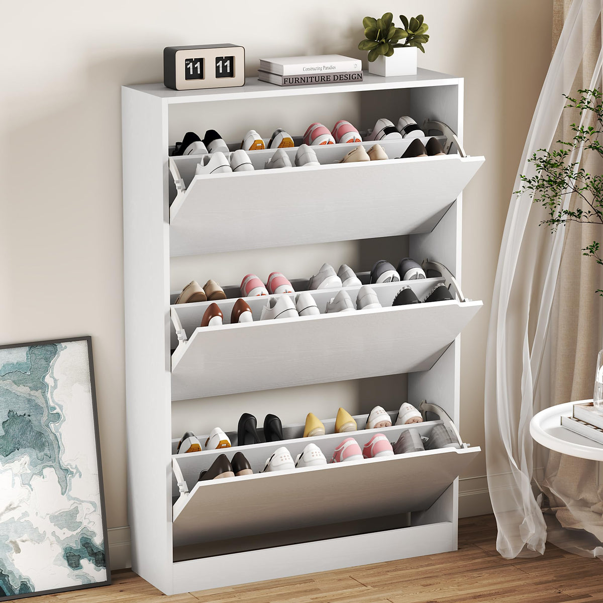 White 3 Flip Drawer Wood Shoe Cabinet H14627