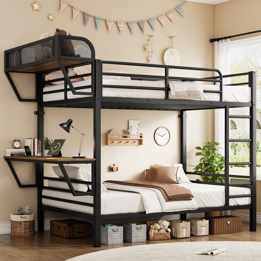 Twin Over Twin Metal Bunk Bed with Desk & Outlet L706