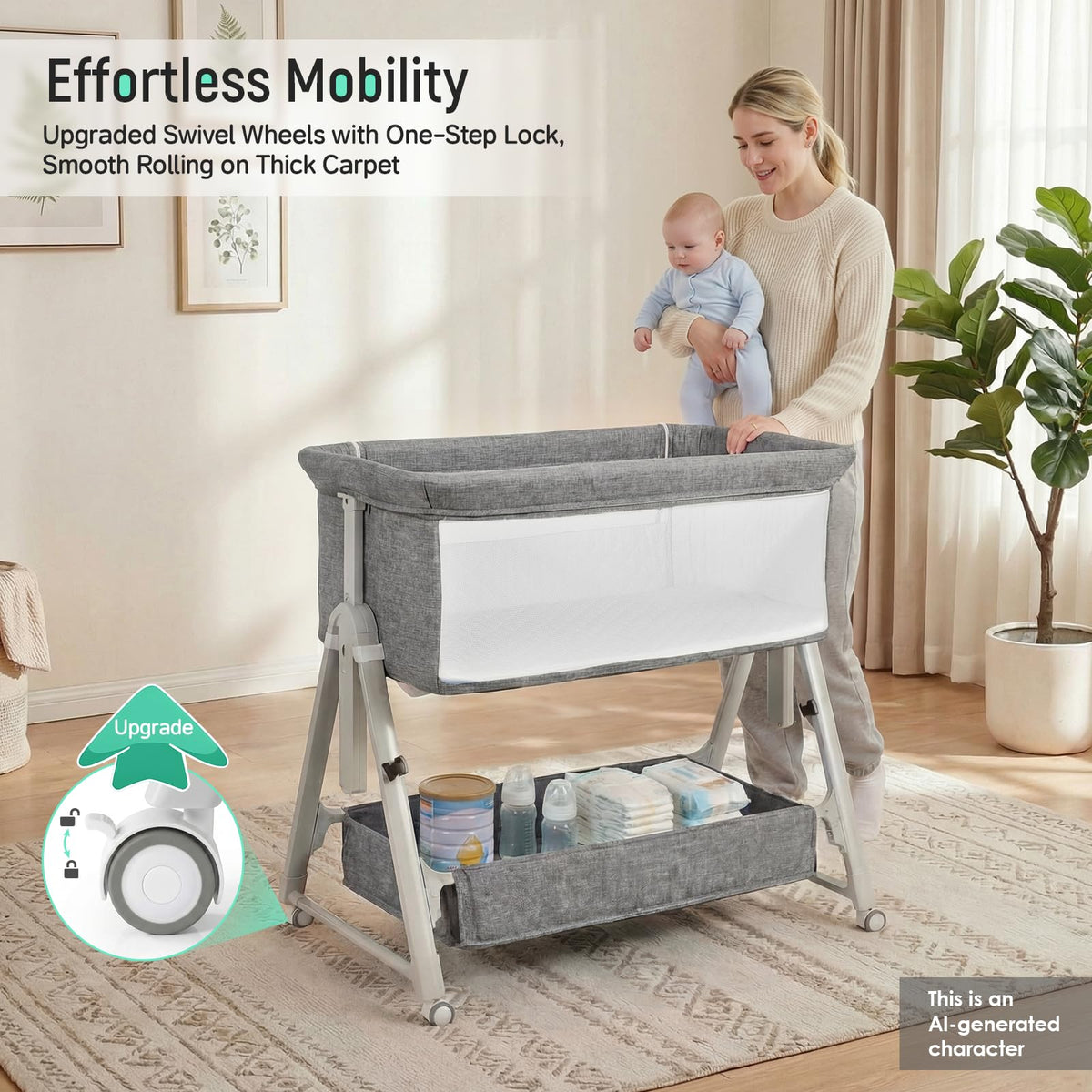 Baby Bassinet Bedside Crib with Mattress Wheel Storage Travel Bag Light Grey A47134