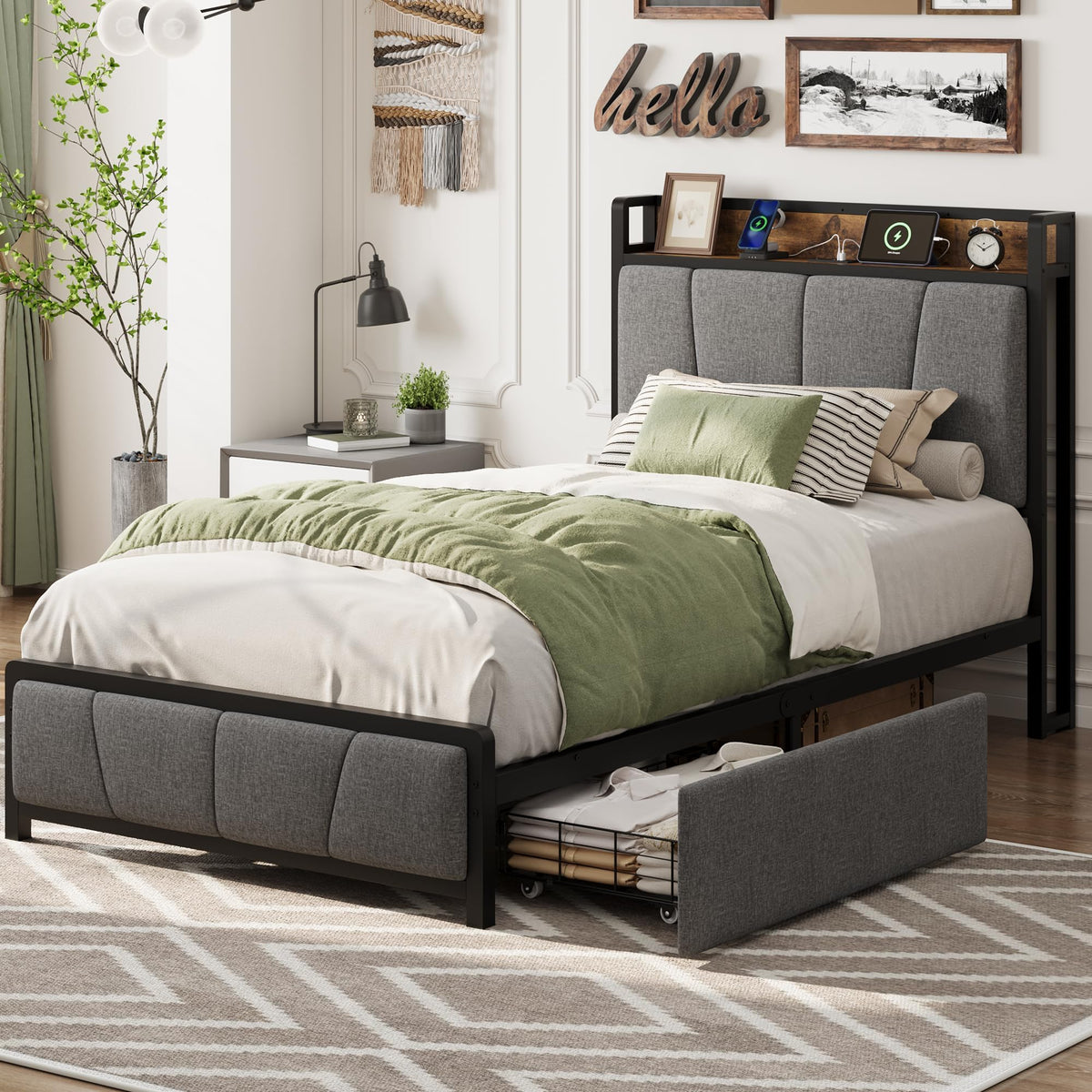 Gray Twin Size Bed Frame with 2 Drawers V812