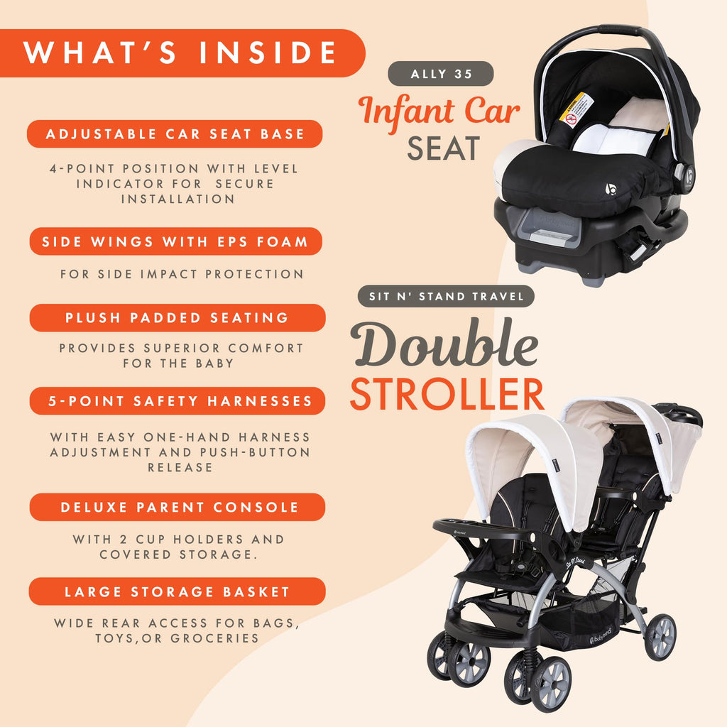 Khaki 3 Pc Double Stroller & 2 Car Seats V6192