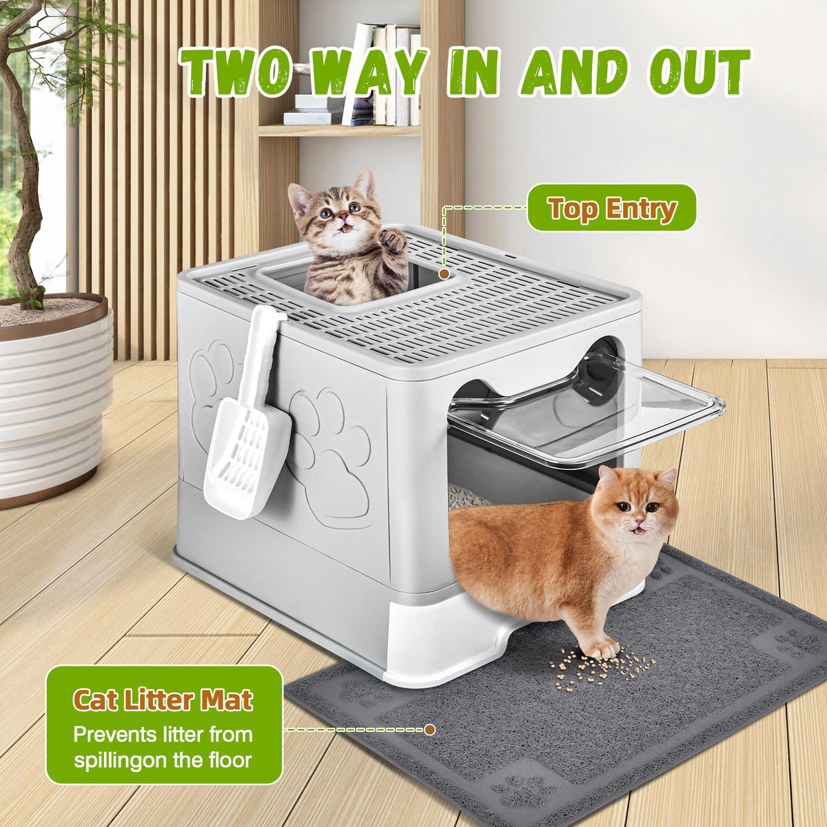 Covered Cat Litter Box, Extra Large Drawer Design with Dual Entry,Pale Grey J13646