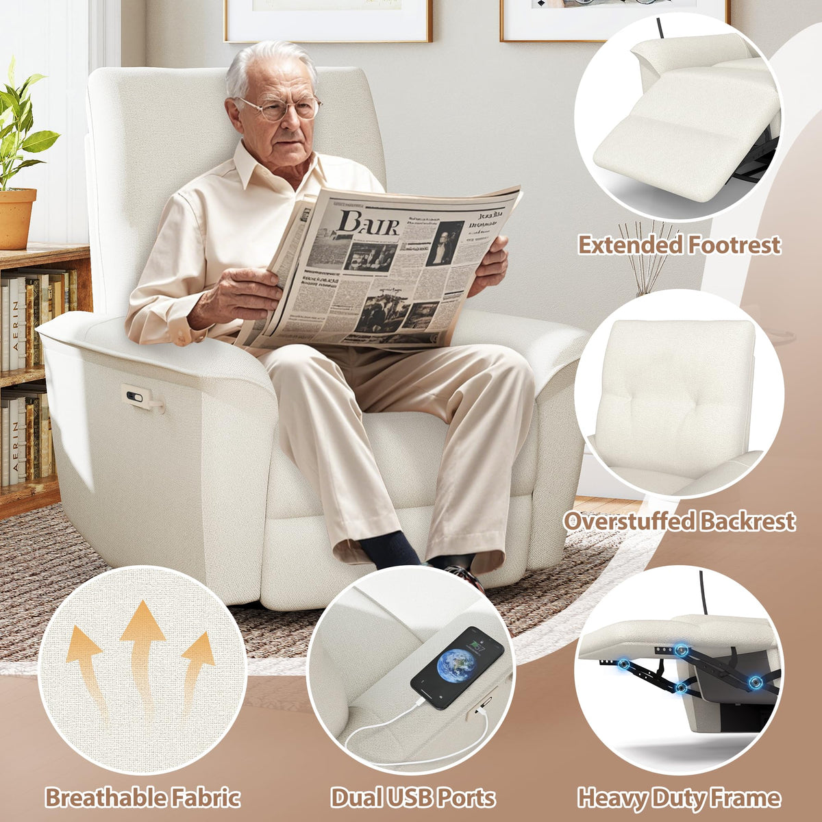 Power Swivel Rocker Recliner Chair with Phone Holder and USB Ports S8360