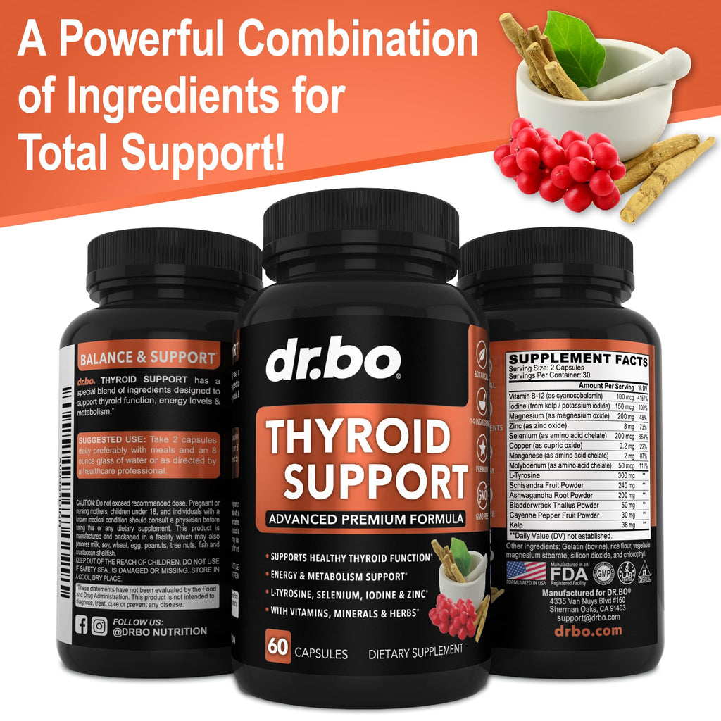 Thyroid Support Supplement with L-Tyrosine Selenium Iodine Zinc Bladderwrack Kelp Ashwagandha 60 Pills F662